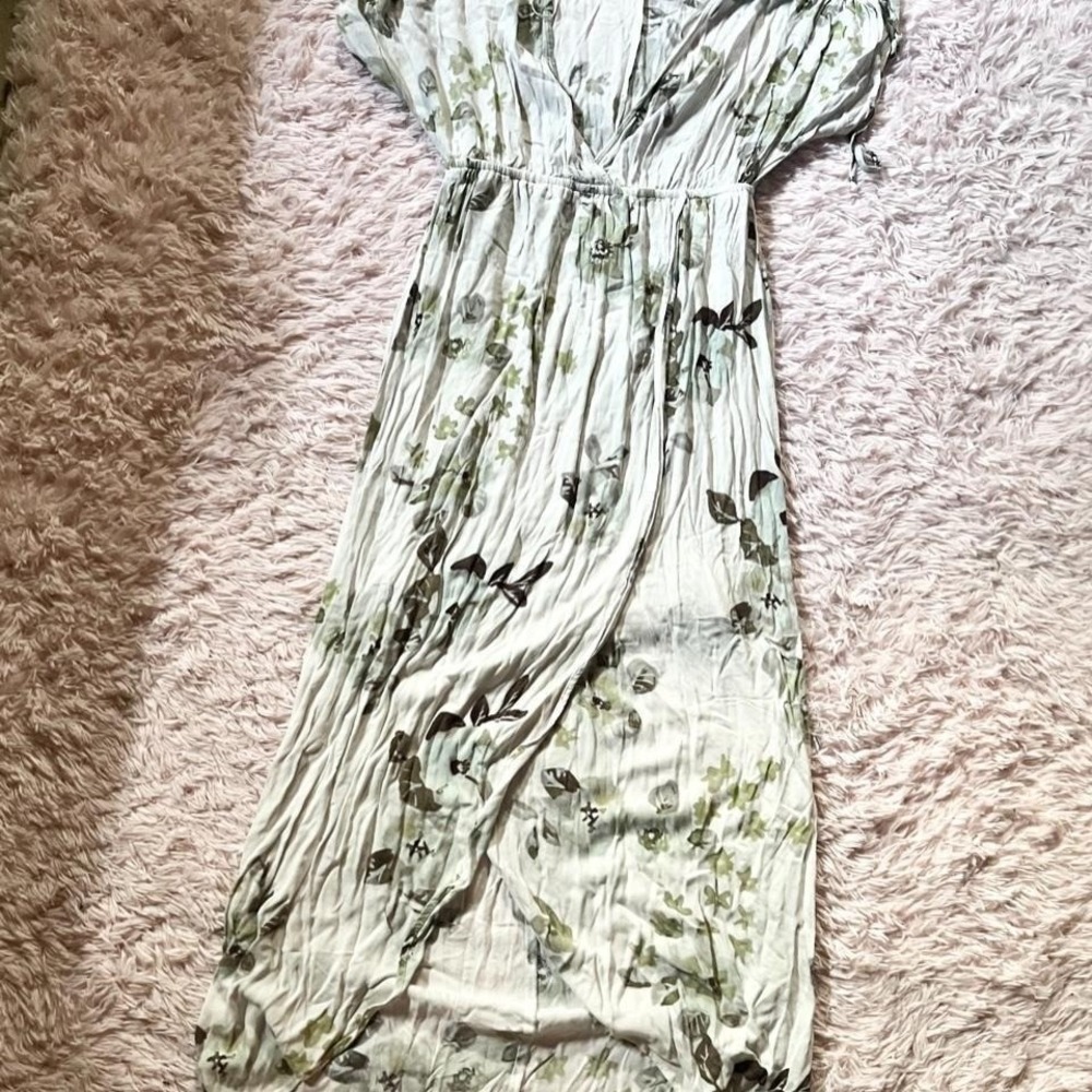 Whimsical Cottage Core Botanical Earthy Boho Maxi Wrap Dress Womens M Forest
